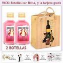 2 Botellitas de Licor de Fresas con Nata con bolsa "bodegón" y tarjeta