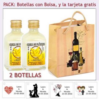 2 Botellitas de Licor de Crema de Plátano con bolsa "bodegón" y tarjeta
