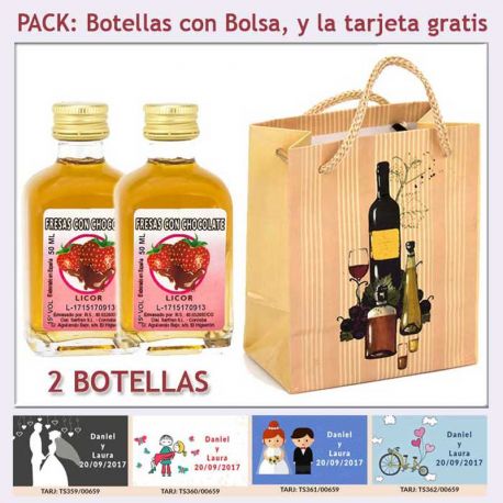 2 Botellitas de Licor Fresas con Chocolate con bolsa "bodegón" y tarjeta