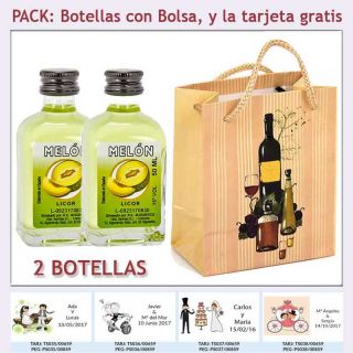 2 Botellitas de Licor de Melón con bolsa "bodegón" y tarjeta