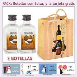 2 Botellitas de Licor de Coco con bolsa "bodegón" y tarjeta