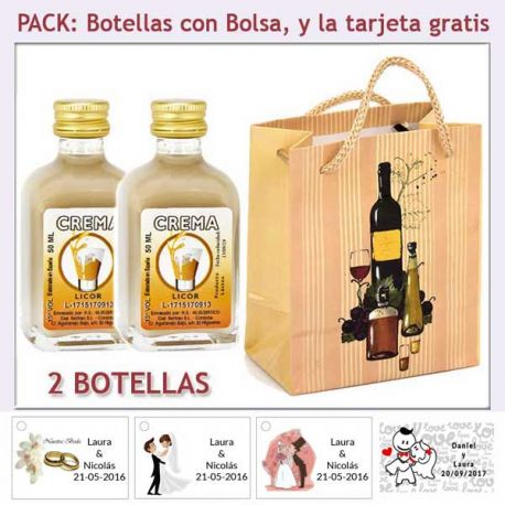 2 Botellitas de Licor de Crema con bolsa "bodegón" y tarjeta