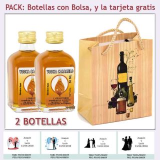 2 Botellitas de Vodka Caramelo con bolsa "bodegón" y tarjeta