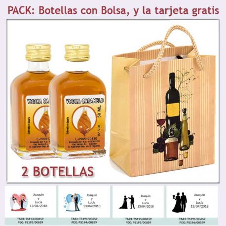 2 Botellitas de Vodka Caramelo con bolsa "bodegón" y tarjeta
