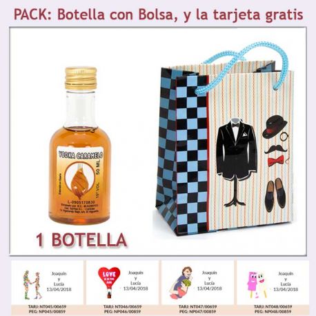 Botellita de Licor de Vodka Caramelo con bolsa "charlestón" y tarjeta