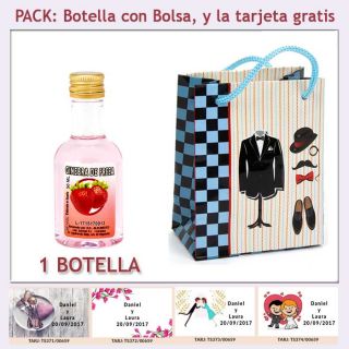 Botellita de Ginebra de Fresa con bolsa "charlestón" y tarjeta