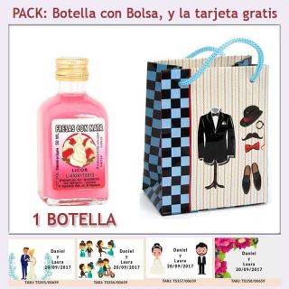 Botellita de Licor de Fresas con Nata con bolsa "charlestón" y tarjeta