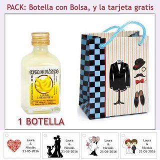 Botellita de Licor de Crema de Plátano con bolsa "charlestón" y tarjeta