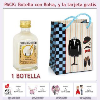 Botellita de Licor de Arroz con Leche con bolsa "charlestón" y tarjeta