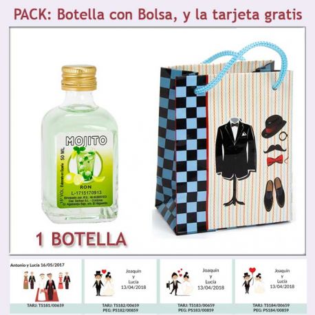 Botellita de Ron Mojito con bolsa "charlestón" y tarjeta