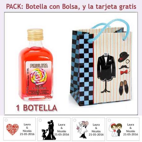 Botellita de Licor Piruleta con bolsa "charlestón" y tarjeta