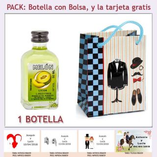 Botellita de Licor de Melón con bolsa "charlestón" y tarjeta
