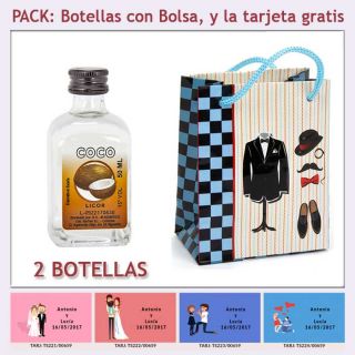 Botellita de Licor de Coco con bolsa "charlestón" y tarjeta