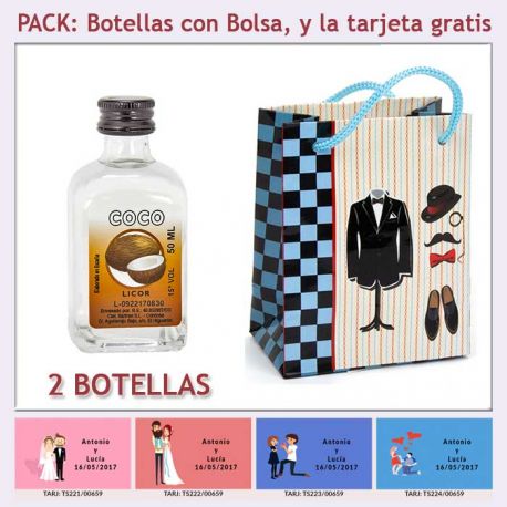 Botellita de Licor de Coco con bolsa "charlestón" y tarjeta