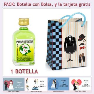 Botellita de Licor de Finas Hierbas con bolsa "charlestón" y tarjeta