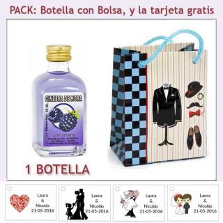 Botellita de Ginebra de Mora con bolsa "charlestón" y tarjeta