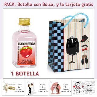 Botellita de Ginebra de Fresa con bolsa "charlestón" y tarjeta
