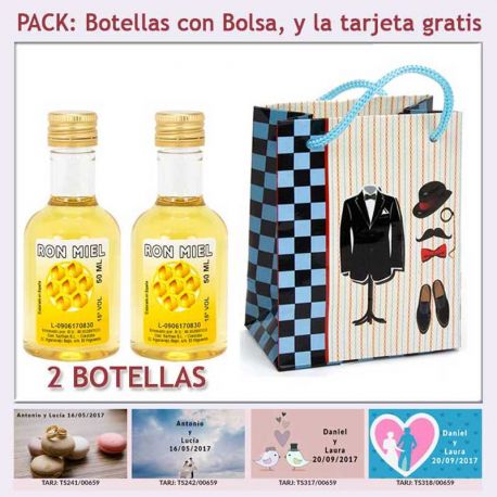 2 Botellitas de Ron Miel con bolsa "charlestón" y tarjeta