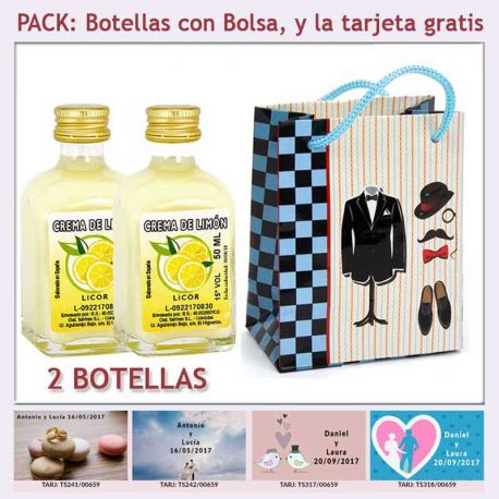 2 Botellitas de Crema de Limón con bolsa "charlestón" y tarjeta