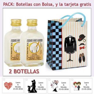 2 Botellitas de Licor de Arroz con Leche con bolsa "charlestón" y tarjeta