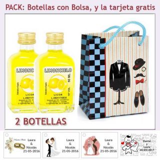 2 Botellitas de Limoncielo con bolsa "charlestón" y tarjeta