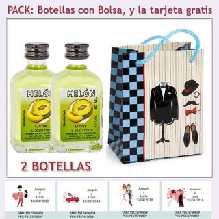 2 Botellitas de Licor de Melón con bolsa "charlestón" y tarjeta