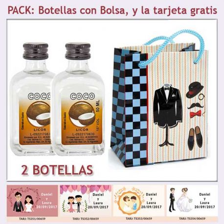 2 Botellitas de Licor de Coco con bolsa "charlestón" y tarjeta