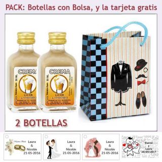 2 Botellitas de Licor de Crema con bolsa "charlestón" y tarjeta