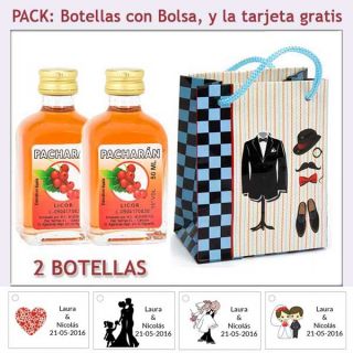 2 Botellitas de Pacharán con bolsa "charlestón" y tarjeta