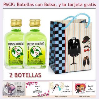 2 Botellitas de Licor de Finas Hierbas con bolsa "charlestón" y tarjeta