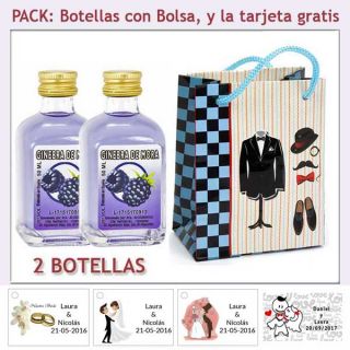 2 Botellitas de Ginebra de Mora con bolsa "charlestón" y tarjeta
