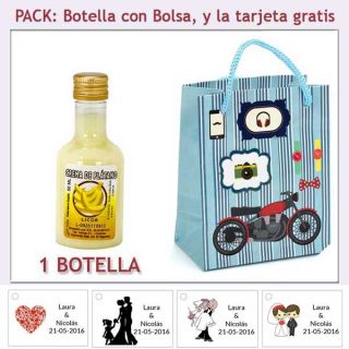 Botellita de Licor de Crema de Plátano con bolsa con moto roja y tarjeta