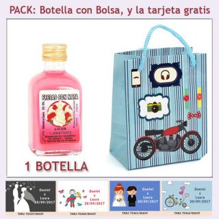 Botellita de Licor de Fresas con Nata con bolsa con moto roja y tarjeta