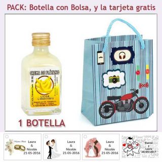 Botellita de Licor de Crema de Plátano con bolsa con moto roja y tarjeta