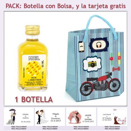 Botellita de Ron Miel con bolsa con moto roja y tarjeta