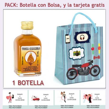 Botellita de Vodka Caramelo con bolsa con moto roja y tarjeta