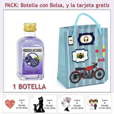 Botellita de Ginebra de Mora con bolsa con moto roja y tarjeta