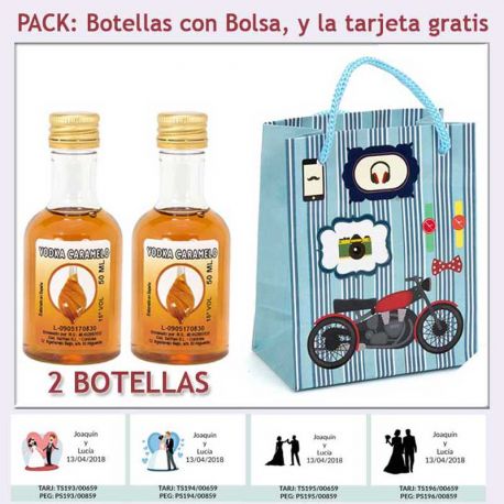 2 Botellitas de Licor de Vodka Caramelo con bolsa con moto roja y tarjeta
