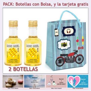 2 Botellitas de Ron Miel con bolsa con moto roja y tarjeta