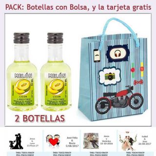 2 Botellitas de Licor de Melón con bolsa con moto roja y tarjeta