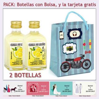 2 Botellitas de Crema de Limón con bolsa con moto roja y tarjeta