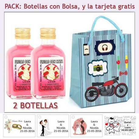 2 Botellitas de Licor de Fresas con Nata con bolsa con moto roja y tarjeta
