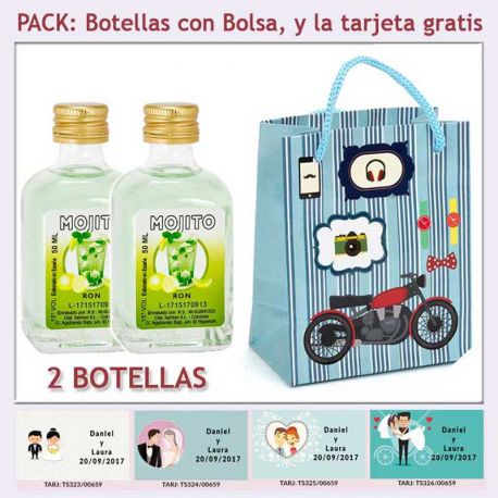 2 Botellitas de Ron Mojito con bolsa con moto roja y tarjeta