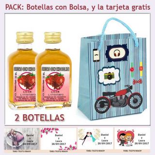 2 Botellitas de Licor Fresas con Chocolate con bolsa con moto roja y tarjeta
