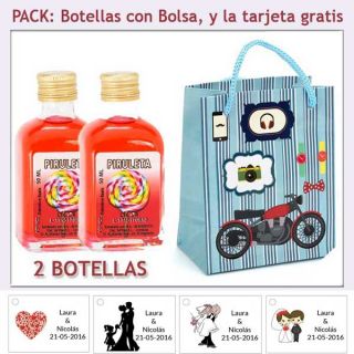 2 Botellitas de Licor Piruleta con bolsa con moto roja y tarjeta