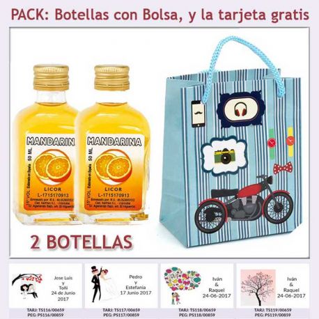 2 Botellitas de Licor de Mandarina con bolsa con moto roja y tarjeta