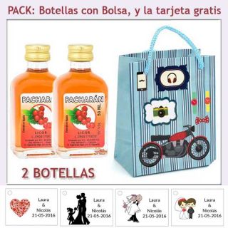 2 Botellitas de Pacharán con bolsa con moto roja y tarjeta