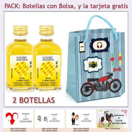 2 Botellitas de Ron Miel con bolsa con moto roja y tarjeta