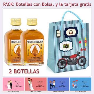 2 Botellitas de Vodka Caramelo con bolsa con moto roja y tarjeta