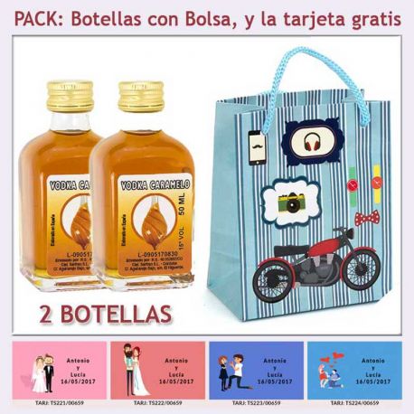 2 Botellitas de Vodka Caramelo con bolsa con moto roja y tarjeta